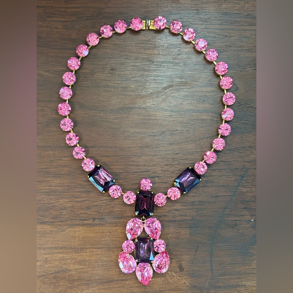 Vintage JULIANA D&E Pink Purple Fuchsia Rivoli  Rhinestones Costume Necklace 16”